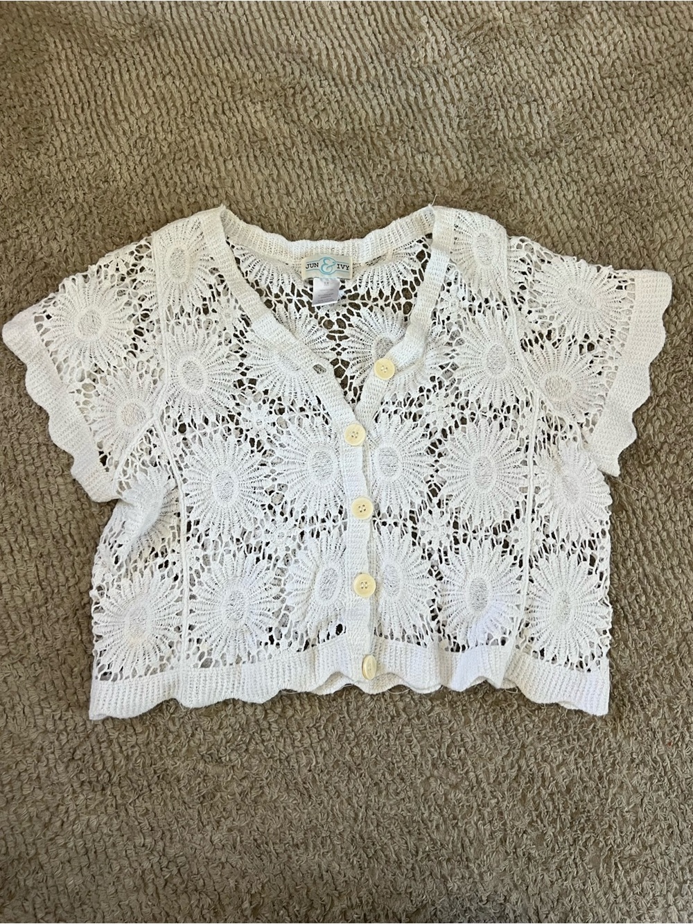 Crochet Floral Button-Front Kids Top - White